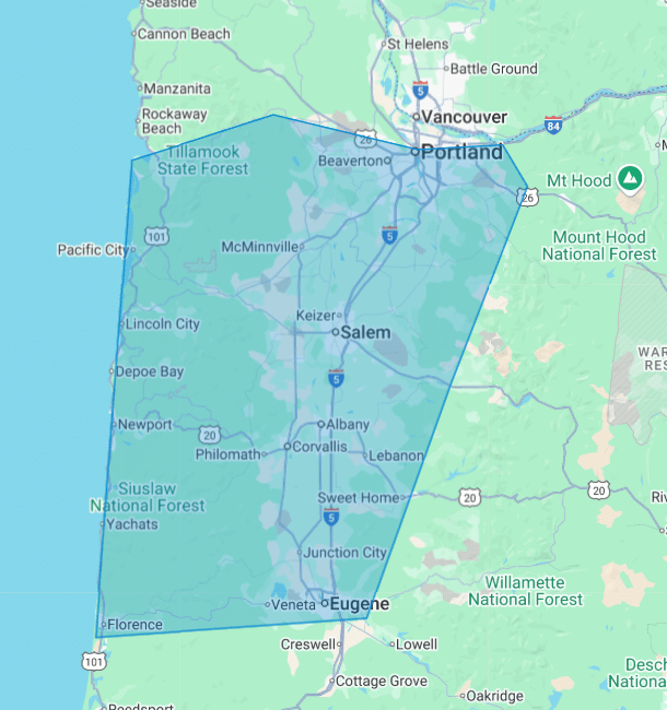 Elevated Air Heating & Cooling - HVAC Service Areas in the Willamette Valley Elevated Air HVAC Service Area Map - Silverton OR